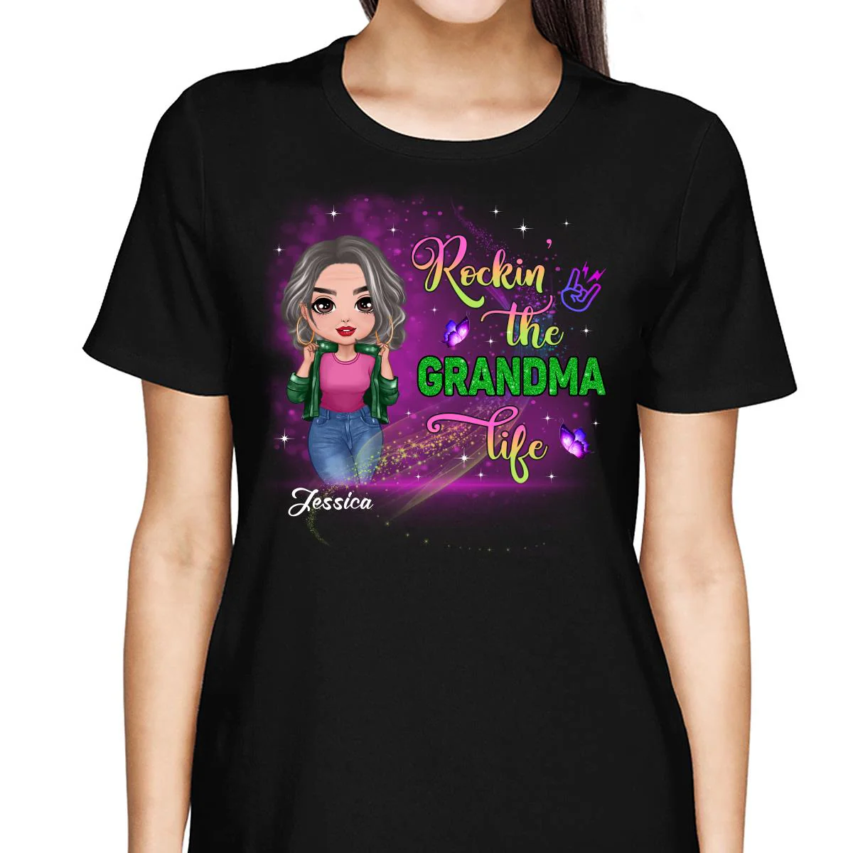 Rockin‘ The Grandma Life Colorful Sparkle Doll Grandma Personalized Shirt - Image 2