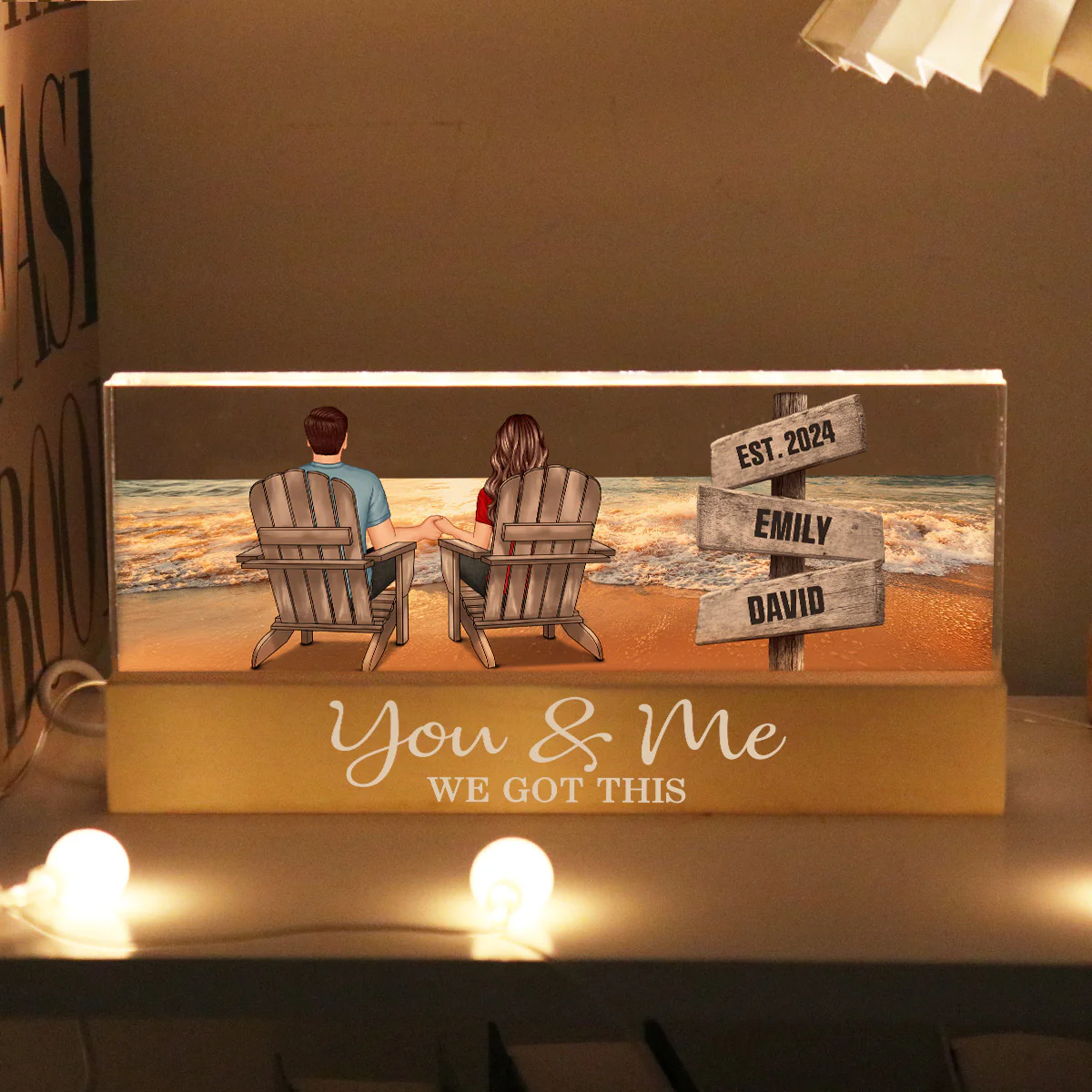 Romantic Beach Landscape Couple Sitting Holding Hands Sign Posts Personalized Acrylic Block LED Night Light, Heartfelt Gift For Couple, For Him, For Her, Boyfriend, Girlfriend, Husband, Wife - Image 3