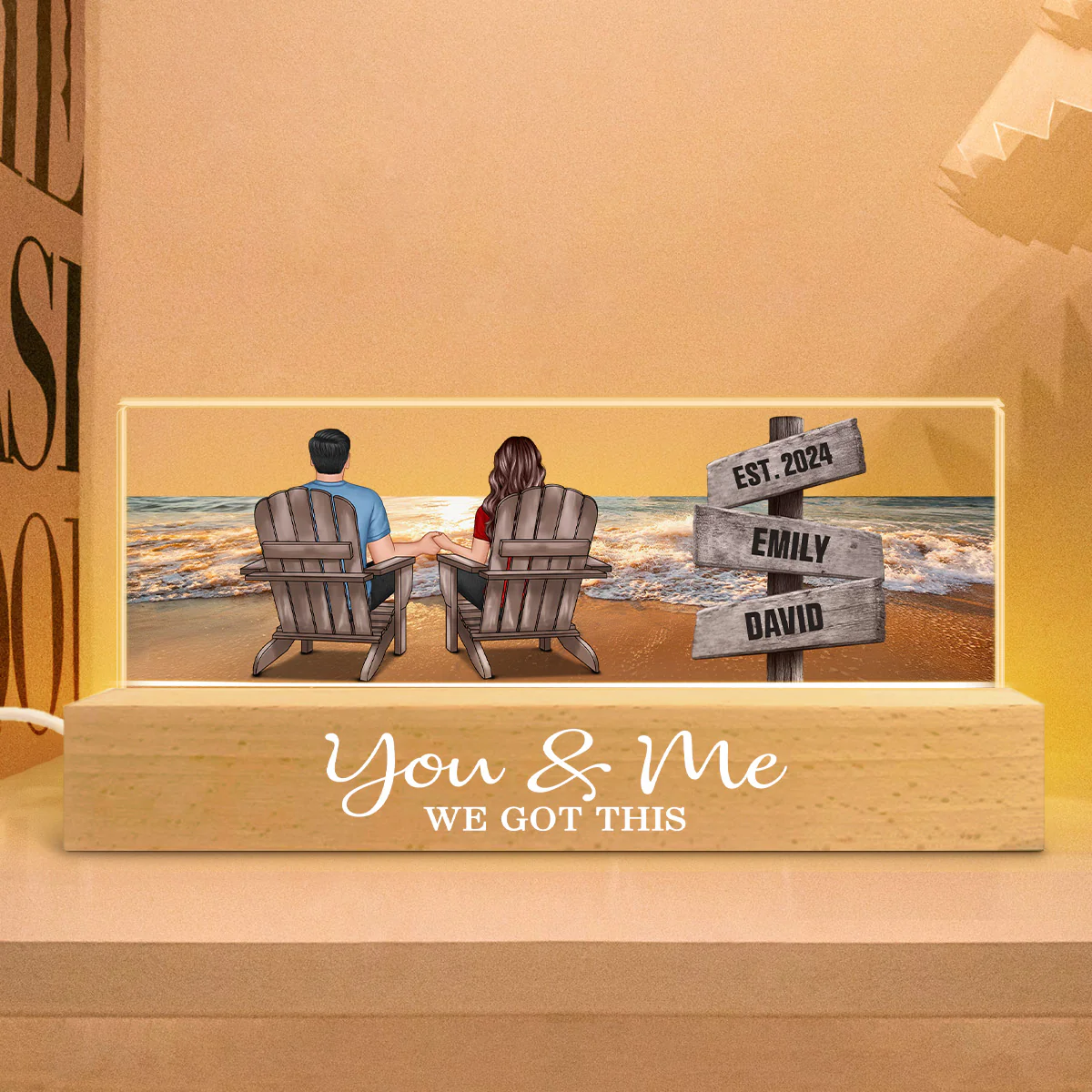 Romantic Beach Landscape Couple Sitting Holding Hands Sign Posts Personalized Acrylic Block LED Night Light, Heartfelt Gift For Couple, For Him, For Her, Boyfriend, Girlfriend, Husband, Wife - Image 7