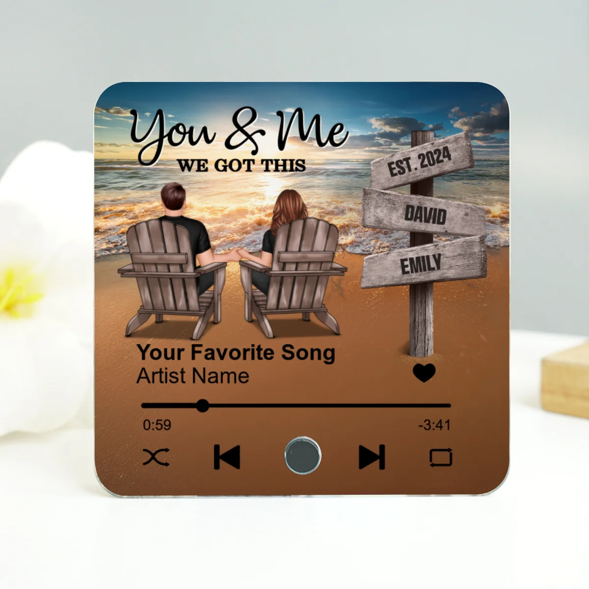 Romantic Beach Landscape Couple Sitting Holding Hands Sign Posts - Personalized Music Fridge Magnet - Heartfelt Gift For Couple, For Him, For Her, Husband, Wife - Image 13