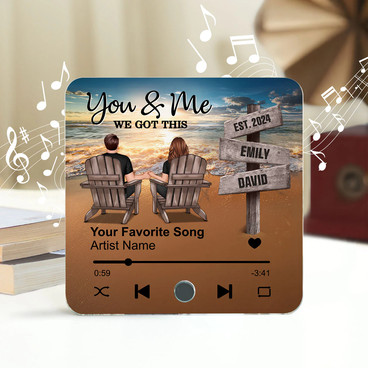 Romantic Beach Landscape Couple Sitting Holding Hands Sign Posts - Personalized Music Fridge Magnet - Heartfelt Gift For Couple, For Him, For Her, Husband, Wife - Image 3