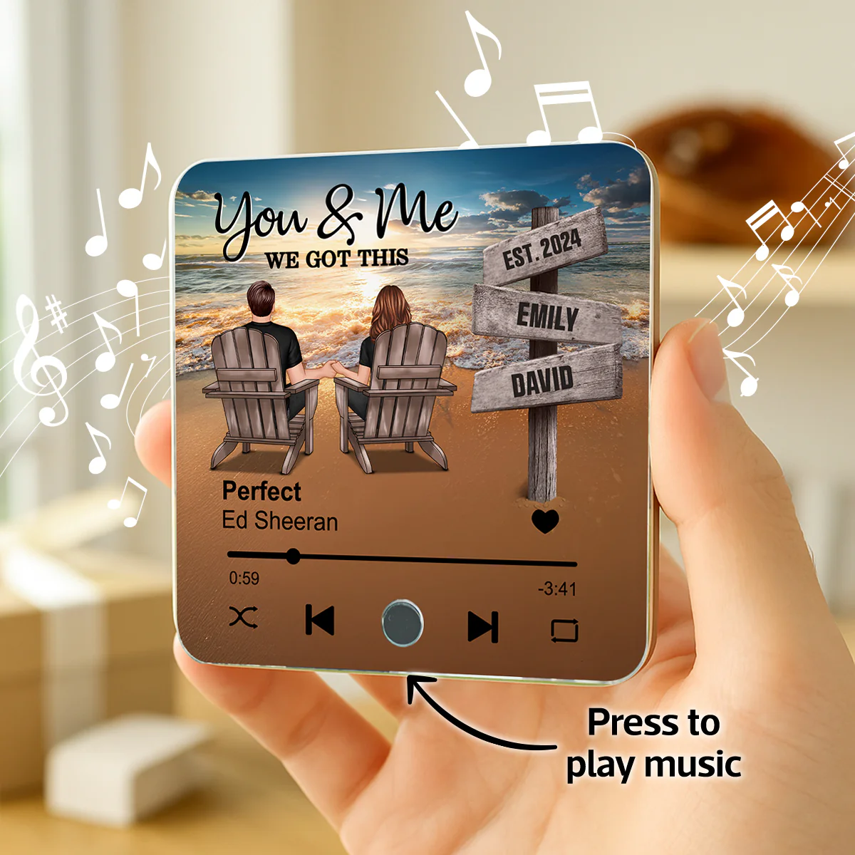 Romantic Beach Landscape Couple Sitting Holding Hands Sign Posts - Personalized Music Fridge Magnet - Heartfelt Gift For Couple, For Him, For Her, Husband, Wife - Image 4