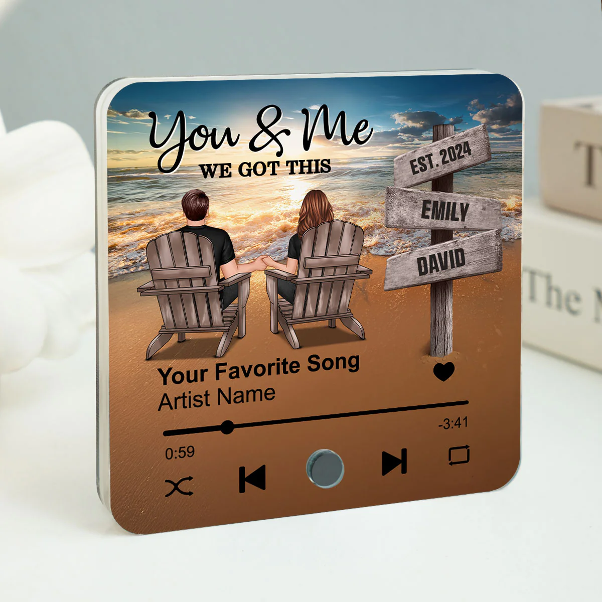 Romantic Beach Landscape Couple Sitting Holding Hands Sign Posts - Personalized Music Fridge Magnet - Heartfelt Gift For Couple, For Him, For Her, Husband, Wife - Image 5