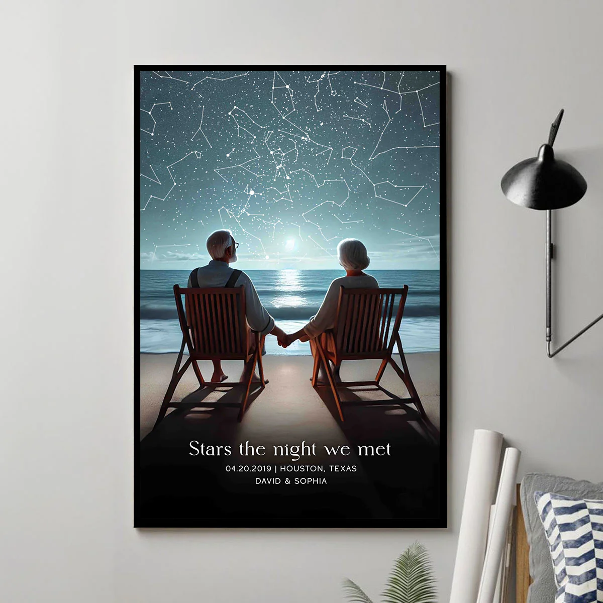 Romantic Beach Landscape Old Couple Sitting Under the Starry Night Poster, Custom Star Map by Date, Personalized Couple Constellation Map, Gift for him and her - Image 5