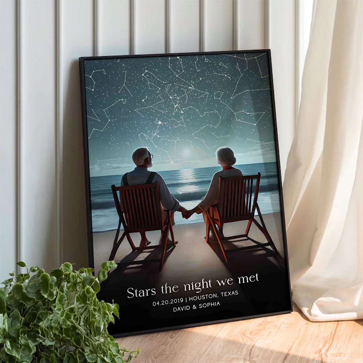Romantic Beach Landscape Old Couple Sitting Under the Starry Night Poster, Custom Star Map by Date, Personalized Couple Constellation Map, Gift for him and her - Image 6