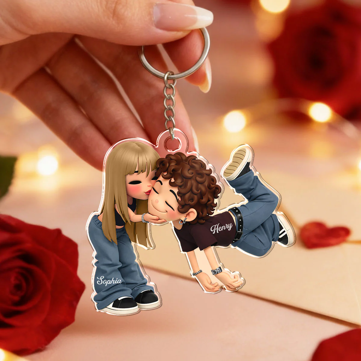 Romantic Cartoon Couple - Personalized Keychain - Gift for Couple - Image 6