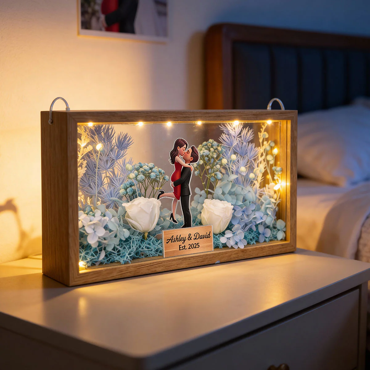Romantic Couple Hugging Kissing - Personalized DIY Flower Shadow Box LED Night Light - Gift For Couple, For Him, For Her - Image 10