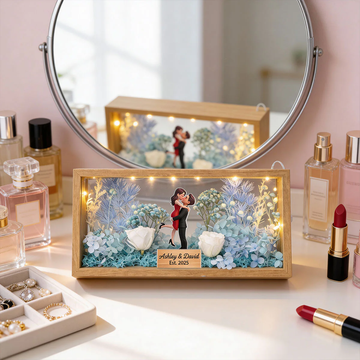Romantic Couple Hugging Kissing - Personalized DIY Flower Shadow Box LED Night Light - Gift For Couple, For Him, For Her - Image 11