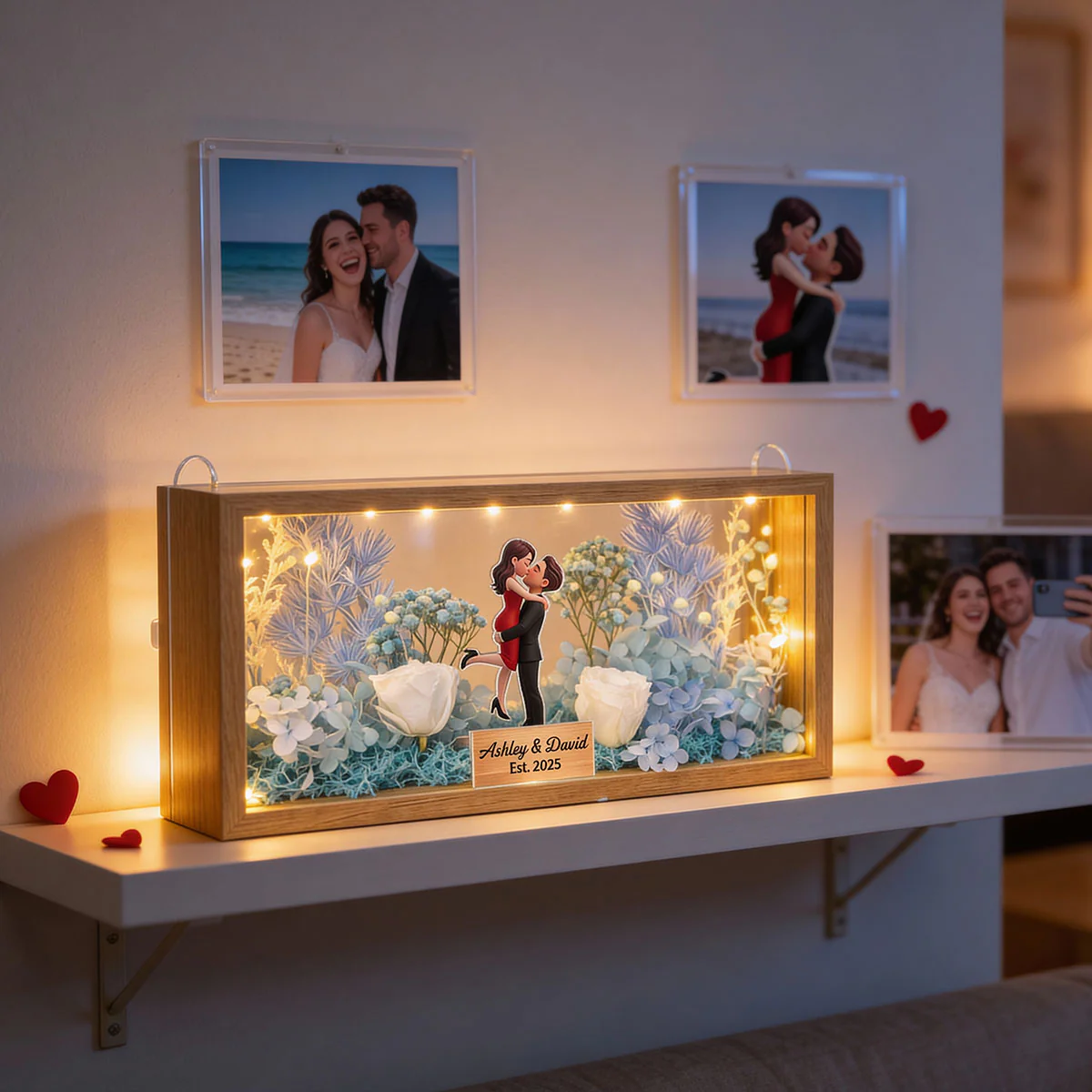 Romantic Couple Hugging Kissing - Personalized DIY Flower Shadow Box LED Night Light - Gift For Couple, For Him, For Her - Image 12