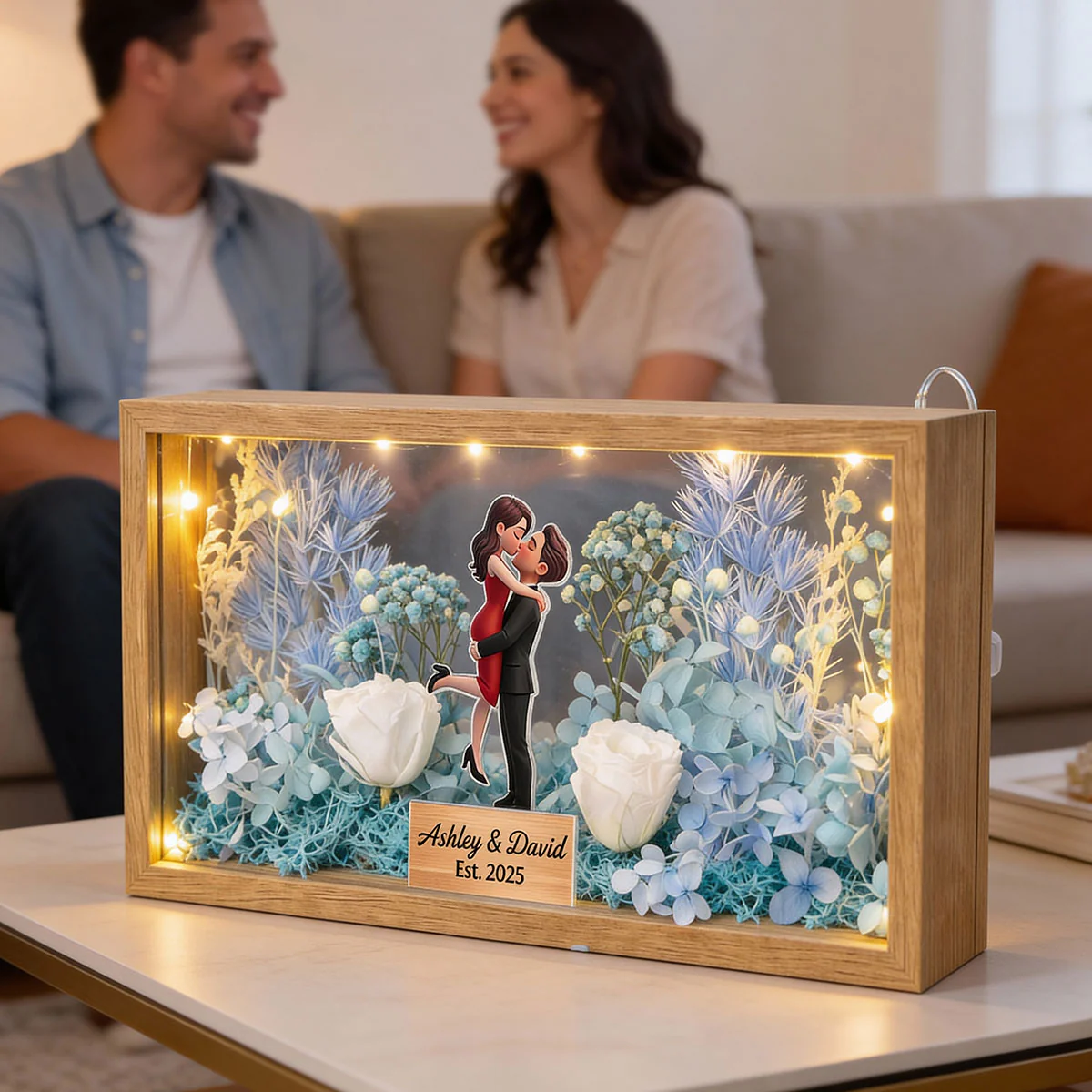 Romantic Couple Hugging Kissing - Personalized DIY Flower Shadow Box LED Night Light - Gift For Couple, For Him, For Her - Image 13