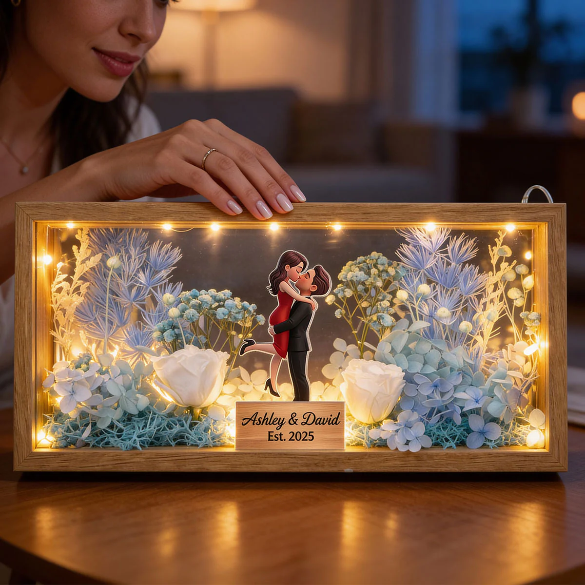 Romantic Couple Hugging Kissing - Personalized DIY Flower Shadow Box LED Night Light - Gift For Couple, For Him, For Her - Image 14