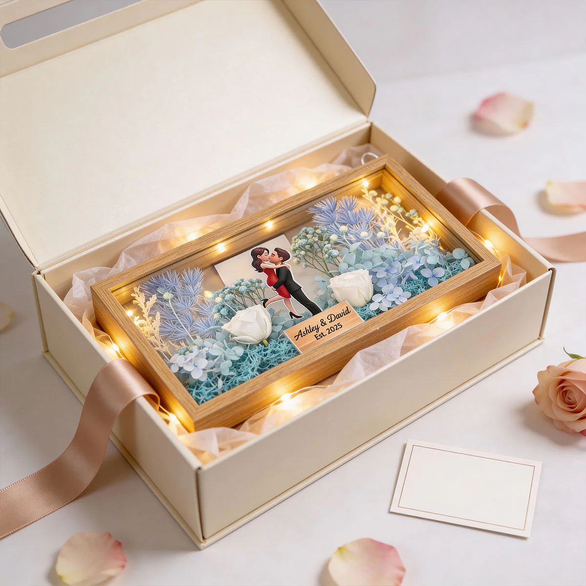 Romantic Couple Hugging Kissing - Personalized DIY Flower Shadow Box LED Night Light - Gift For Couple, For Him, For Her - Image 15