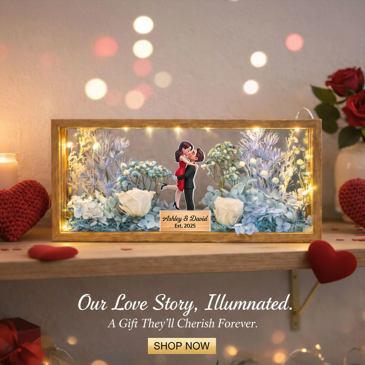 Romantic Couple Hugging Kissing - Personalized DIY Flower Shadow Box LED Night Light - Gift For Couple, For Him, For Her - Image 16