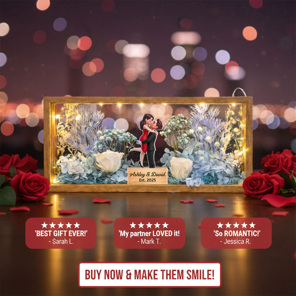 Romantic Couple Hugging Kissing - Personalized DIY Flower Shadow Box LED Night Light - Gift For Couple, For Him, For Her - Image 17