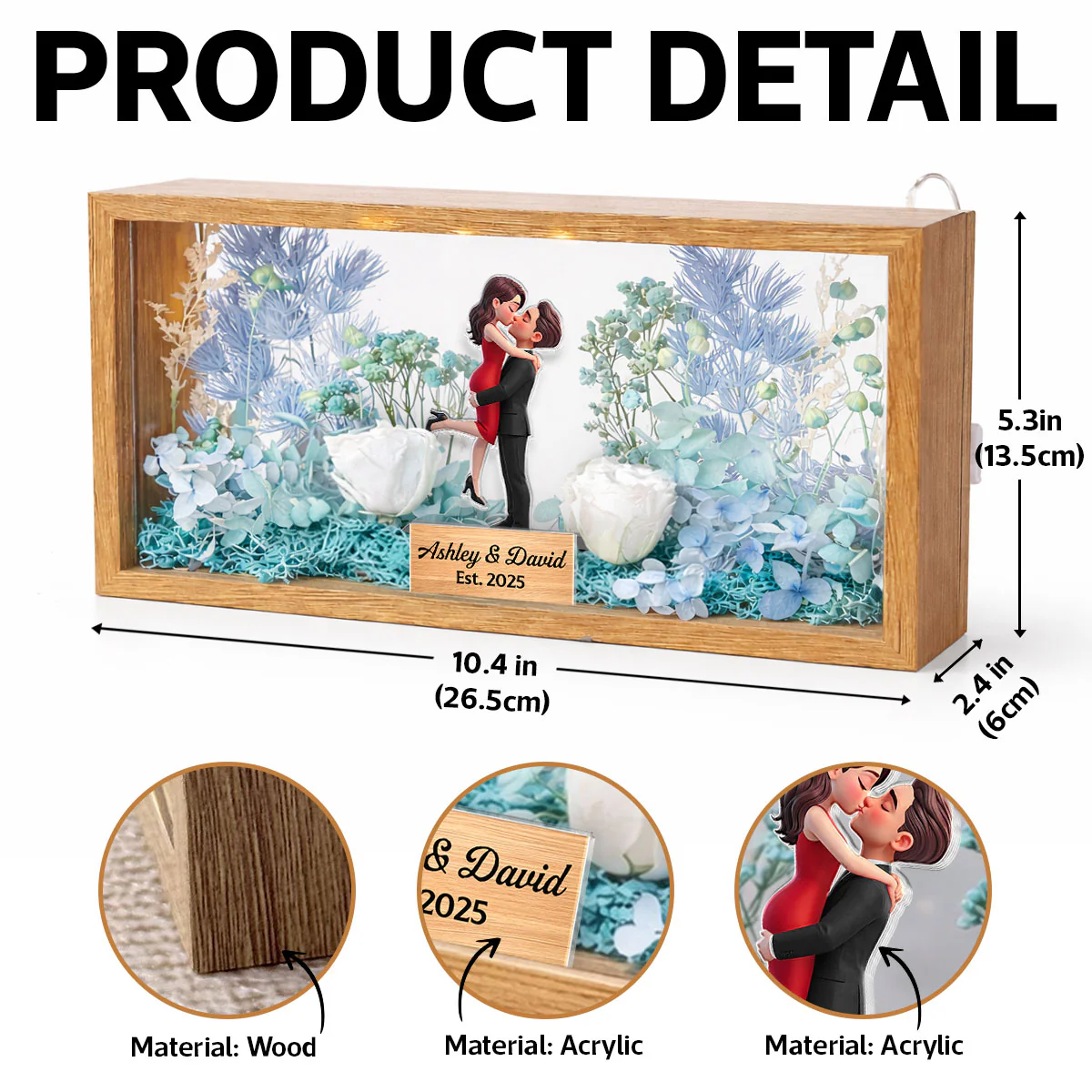 Romantic Couple Hugging Kissing - Personalized DIY Flower Shadow Box LED Night Light - Gift For Couple, For Him, For Her - Image 18