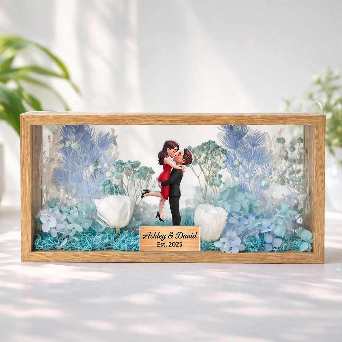 Romantic Couple Hugging Kissing - Personalized DIY Flower Shadow Box LED Night Light - Gift For Couple, For Him, For Her - Image 2