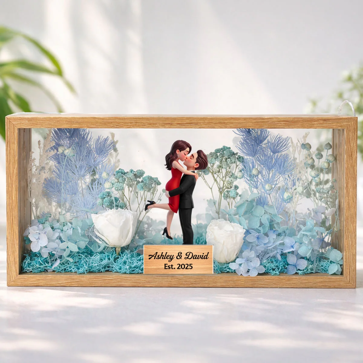 Romantic Couple Hugging Kissing - Personalized DIY Flower Shadow Box LED Night Light - Gift For Couple, For Him, For Her - Image 23