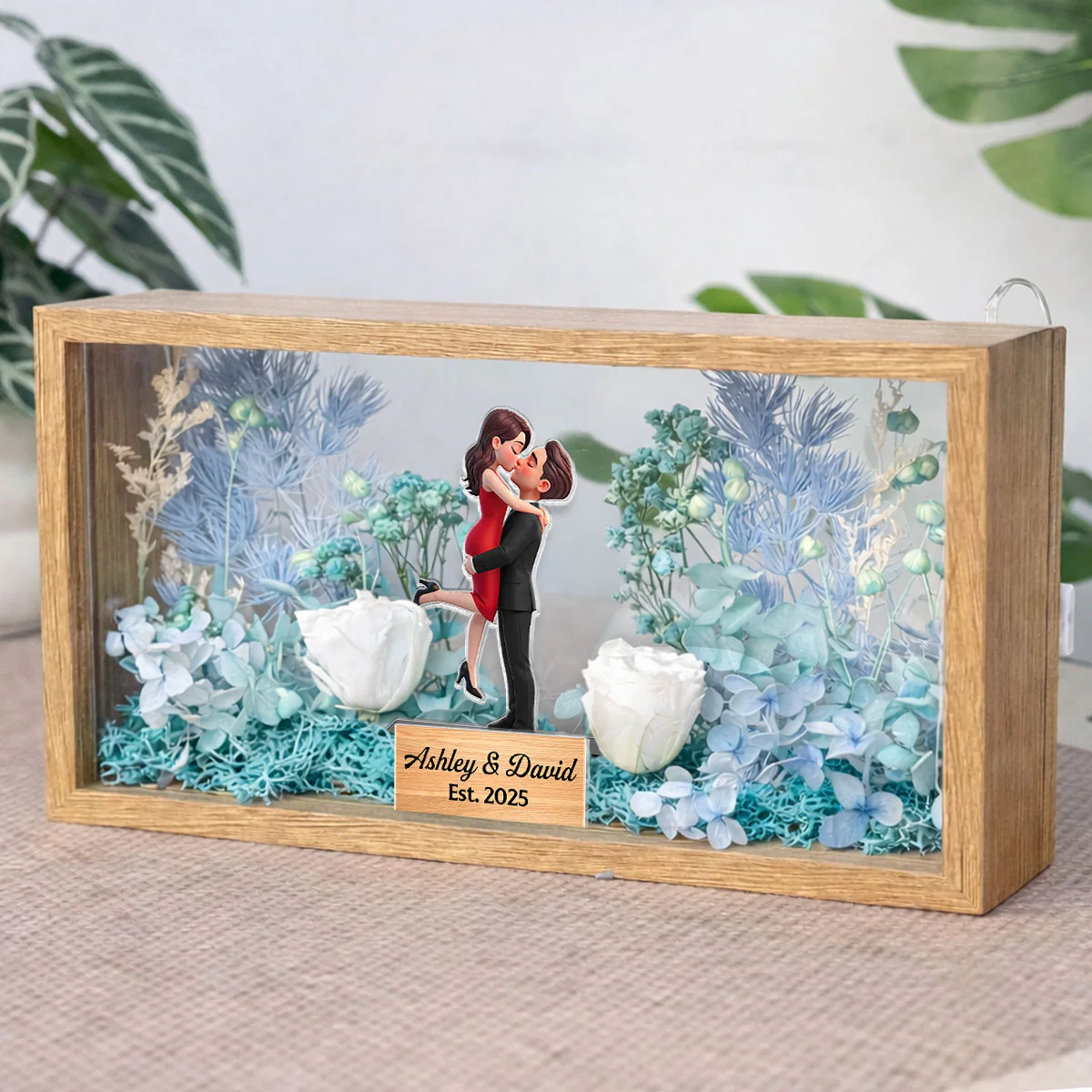Romantic Couple Hugging Kissing - Personalized DIY Flower Shadow Box LED Night Light - Gift For Couple, For Him, For Her - Image 3