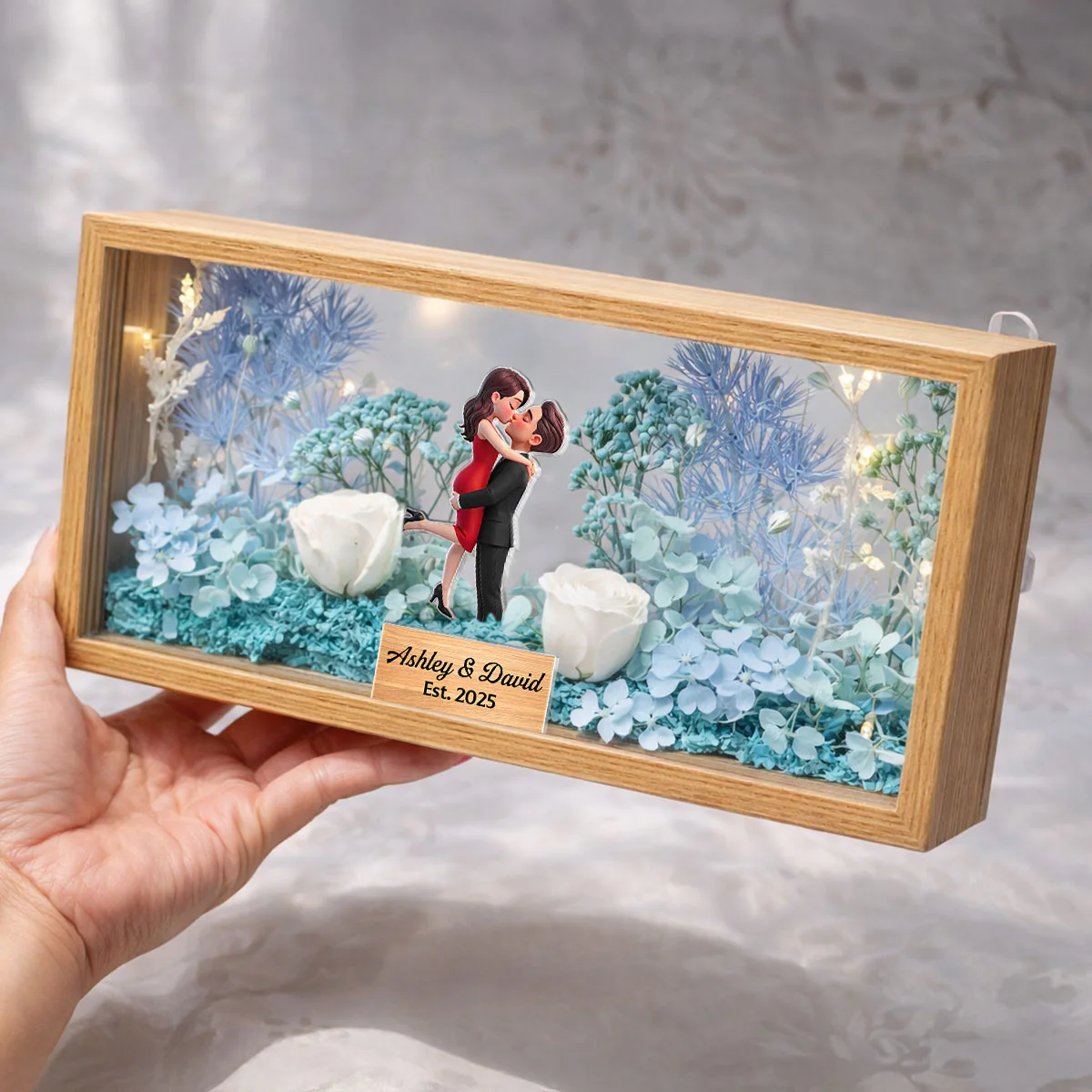 Romantic Couple Hugging Kissing - Personalized DIY Flower Shadow Box LED Night Light - Gift For Couple, For Him, For Her - Image 4