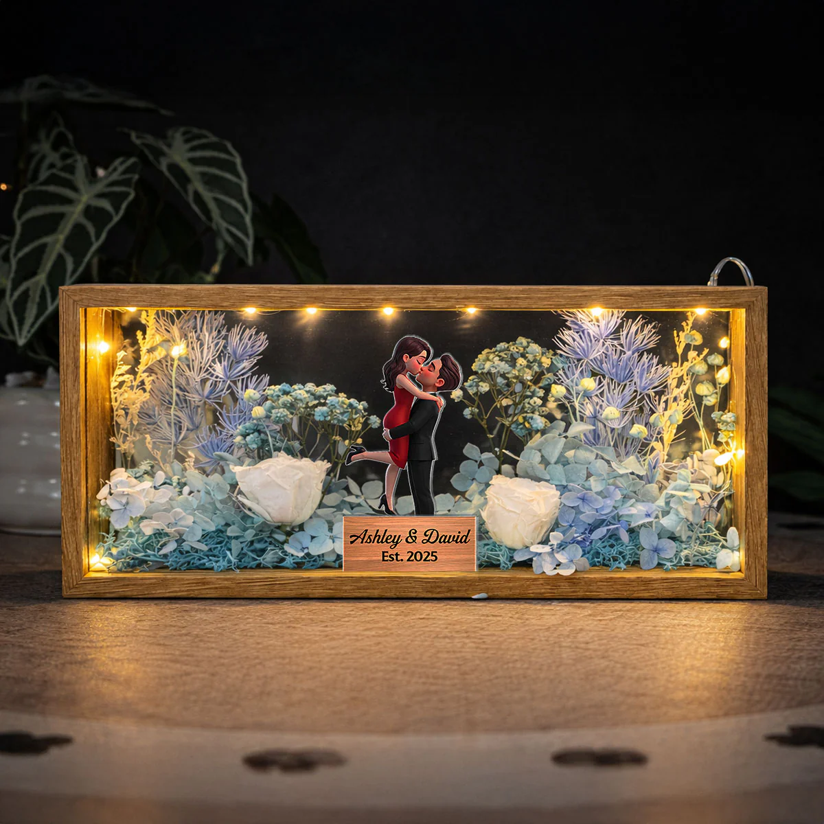 Romantic Couple Hugging Kissing - Personalized DIY Flower Shadow Box LED Night Light - Gift For Couple, For Him, For Her - Image 5
