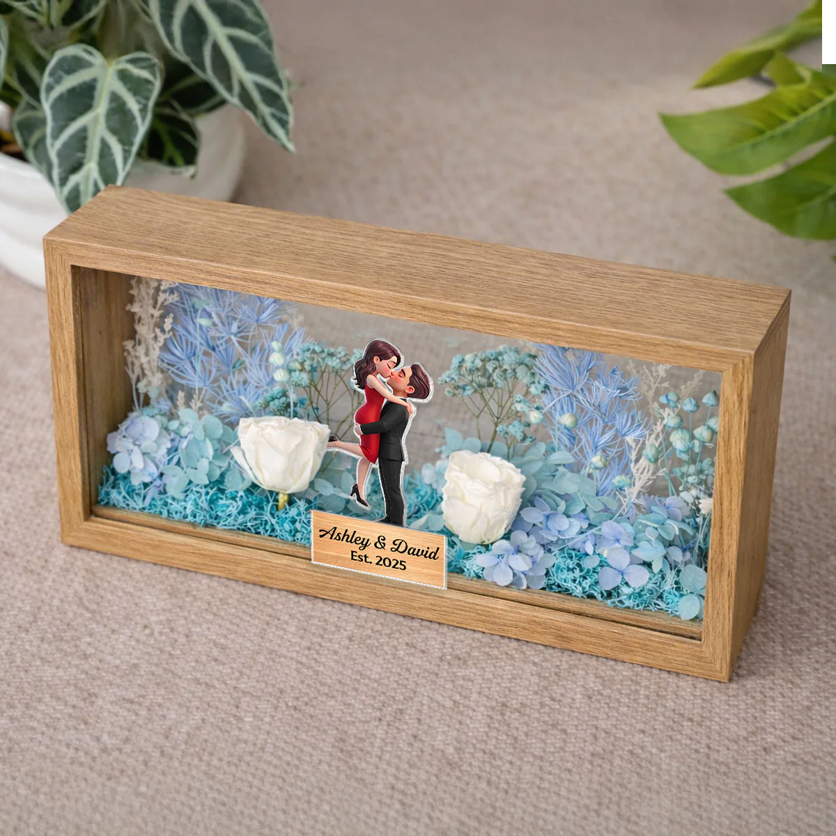 Romantic Couple Hugging Kissing - Personalized DIY Flower Shadow Box LED Night Light - Gift For Couple, For Him, For Her - Image 6
