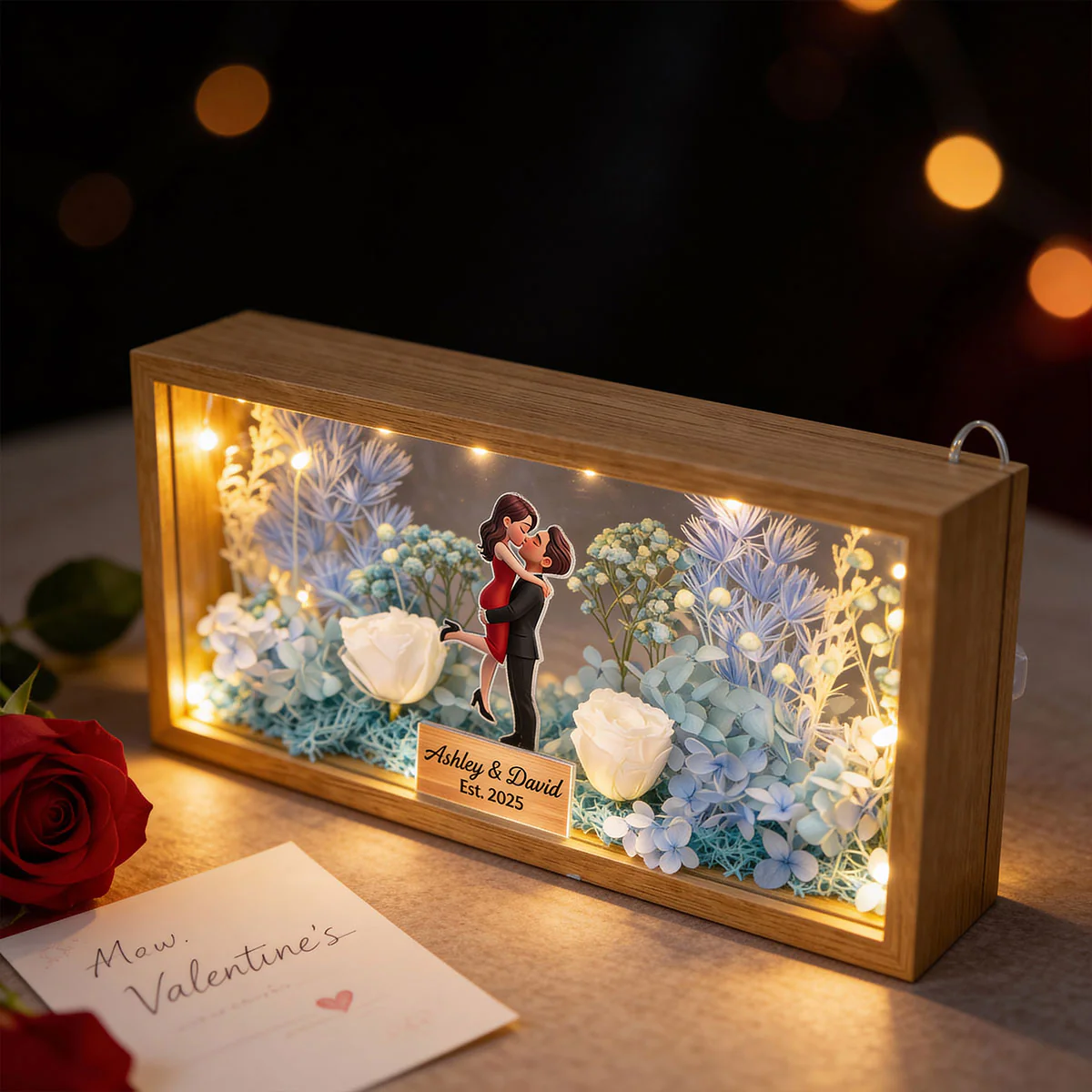 Romantic Couple Hugging Kissing - Personalized DIY Flower Shadow Box LED Night Light - Gift For Couple, For Him, For Her - Image 8