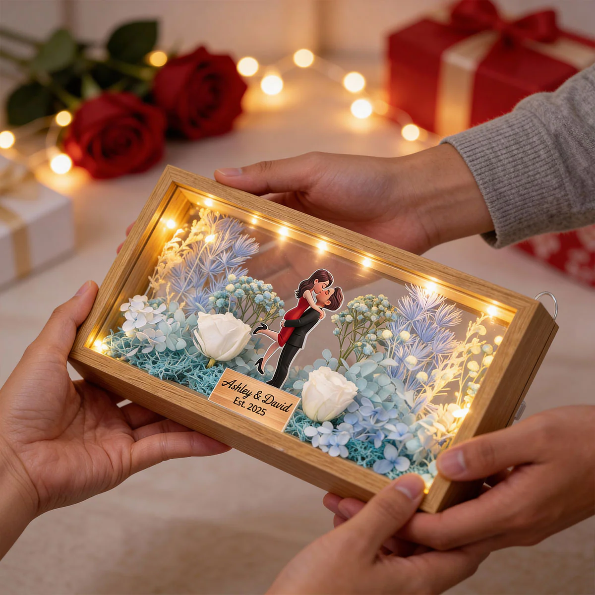 Romantic Couple Hugging Kissing - Personalized DIY Flower Shadow Box LED Night Light - Gift For Couple, For Him, For Her - Image 9