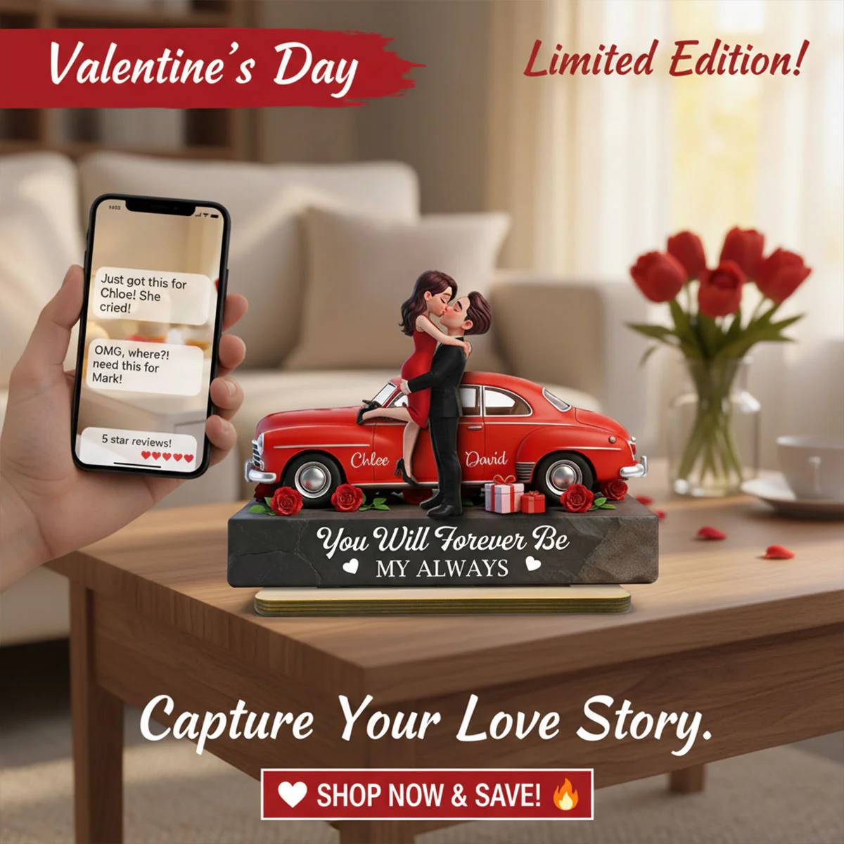 Romantic Couple Hugging Kissing Valentine Car - Personalized 2-Layered Wooden Plaque - Valentine's Day Gift For Couple - Image 12
