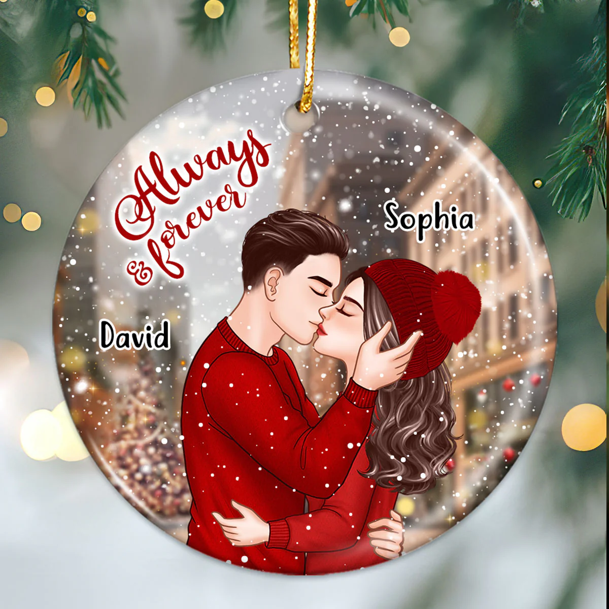 Romantic Couple Kissing On The Street Always & Forever Christmas Personalized Circle Ornament - Image 2