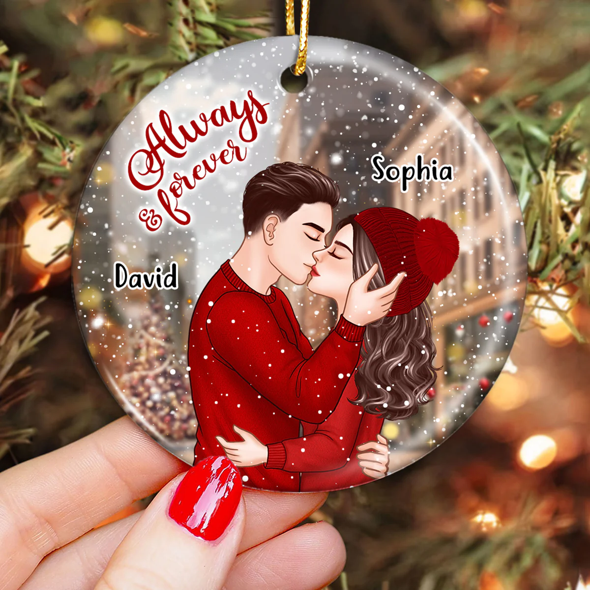 Romantic Couple Kissing On The Street Always & Forever Christmas Personalized Circle Ornament - Image 3