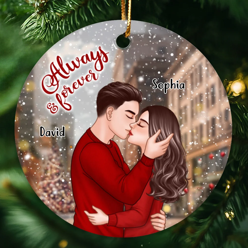 Romantic Couple Kissing On The Street Always & Forever Christmas Personalized Circle Ornament - Image 5