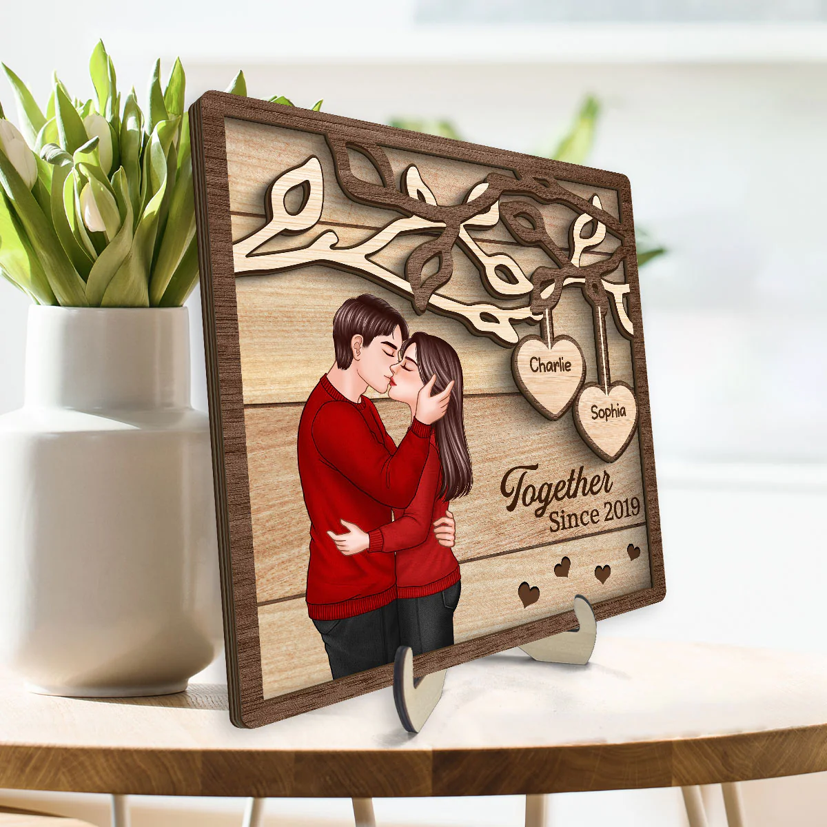 Romantic Couple Kissing Under Tree Personalized 2-Layer Wooden Plaque, Valentine‘s Day Gift For Him, For Her - Image 3