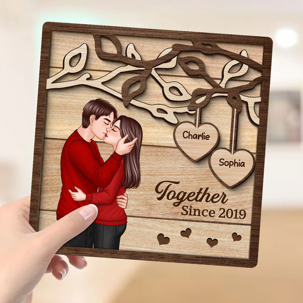 Romantic Couple Kissing Under Tree Personalized 2-Layer Wooden Plaque, Valentine‘s Day Gift For Him, For Her - Image 4