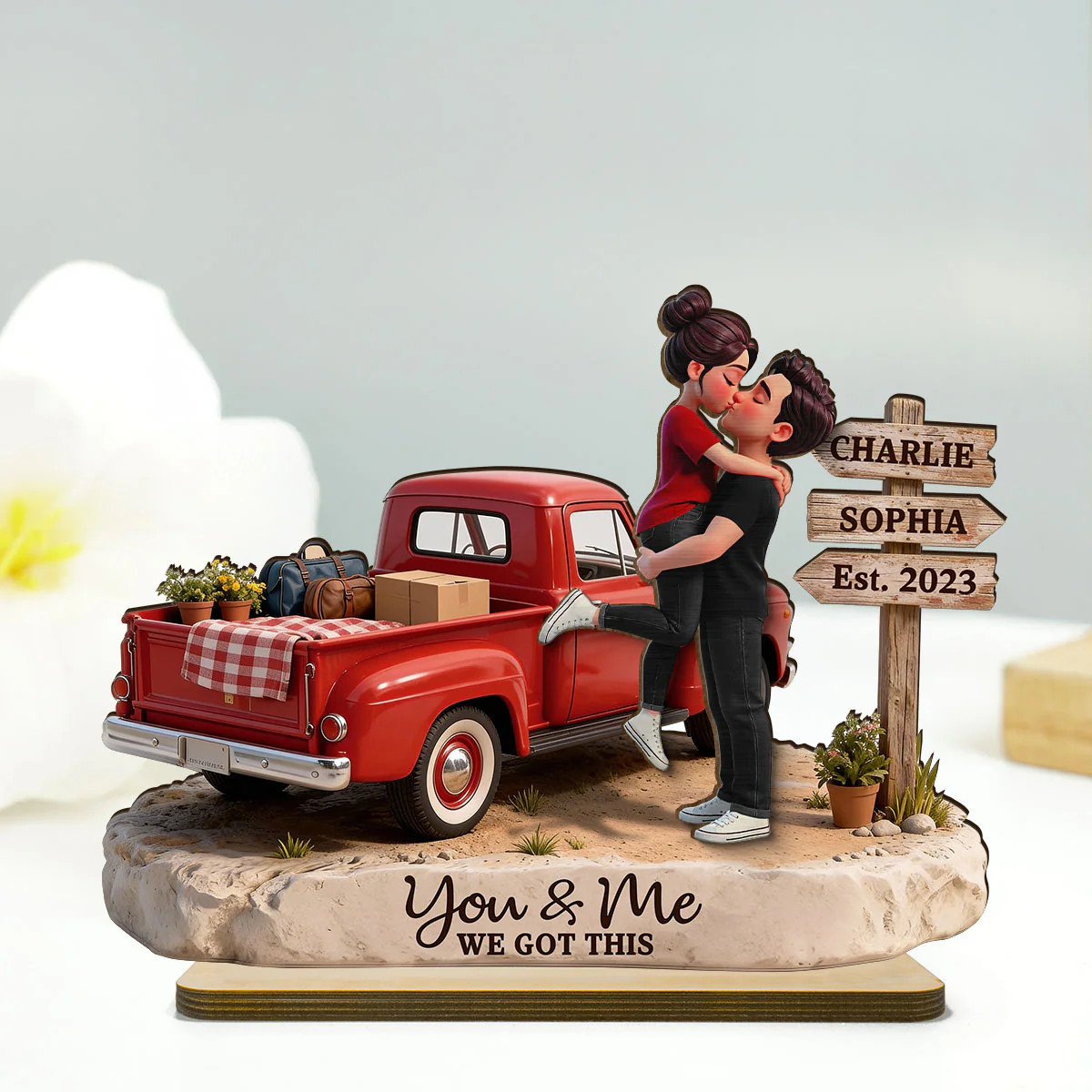 Romantic Couple Pickup Truck Sign Post - Personalized 2-Layered Wooden Plaque - Heartfelt Valentine's Day Gift For Couple, Farmhouse Decor