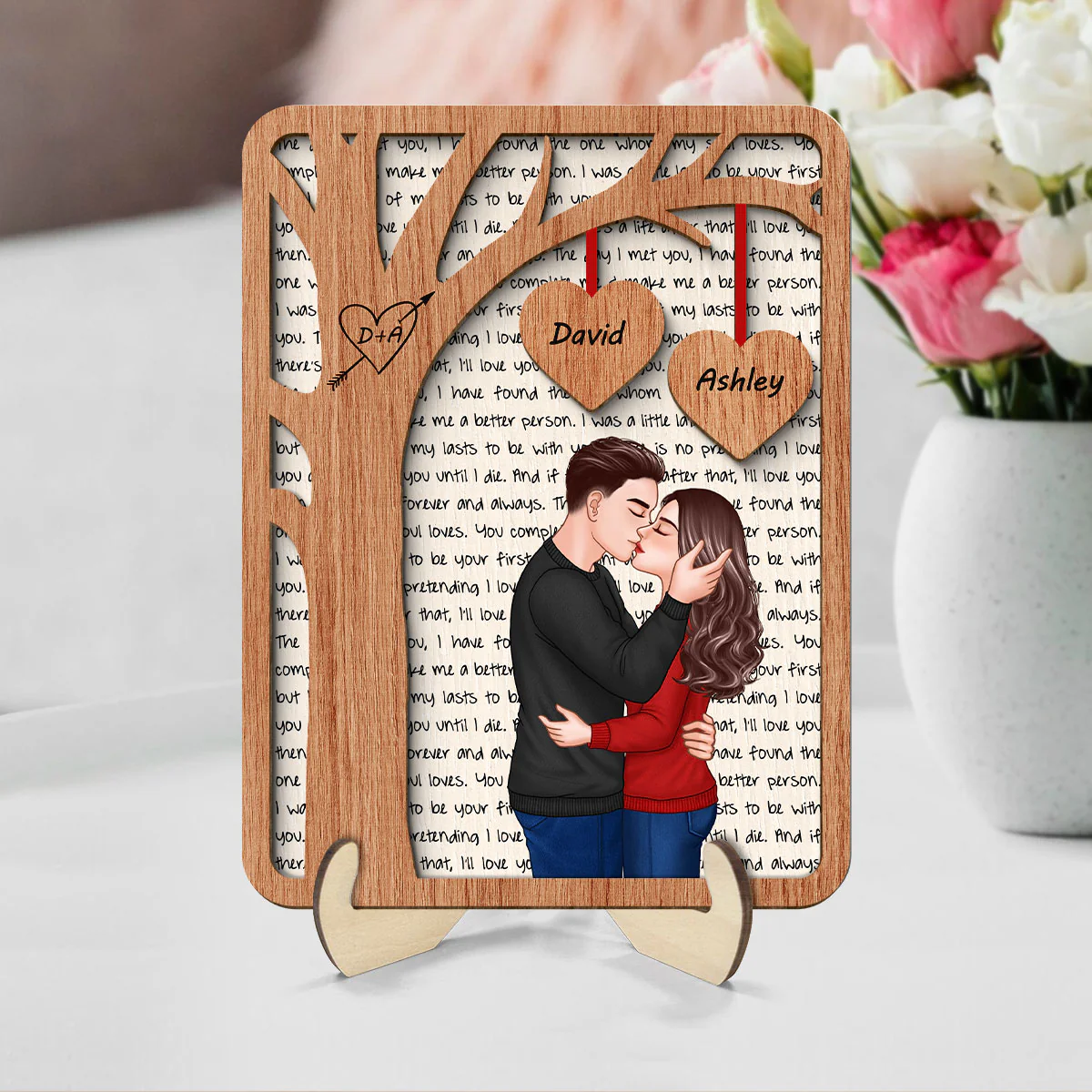 Romantic Couple Under Tree Letters Background Personalized 2-Layer Wooden Plaque - Image 2