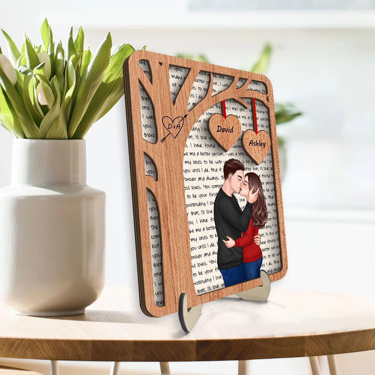 Romantic Couple Under Tree Letters Background Personalized 2-Layer Wooden Plaque - Image 3