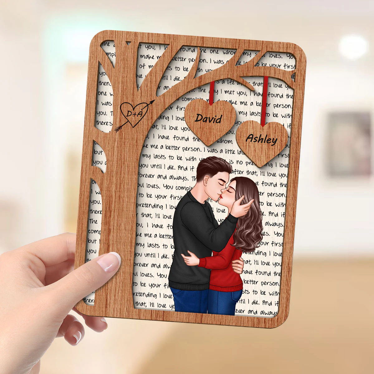 Romantic Couple Under Tree Letters Background Personalized 2-Layer Wooden Plaque - Image 4