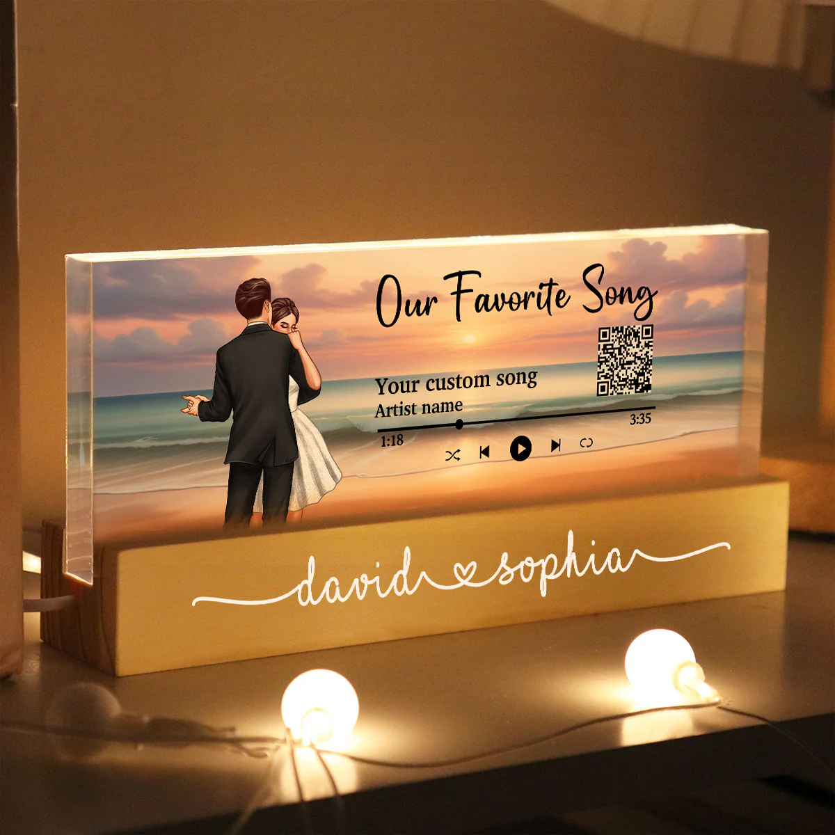 Romantic Dancing Couple On Eternal Sunset Beach Landscape Personalized Acrylic Block LED Night Light - Image 2