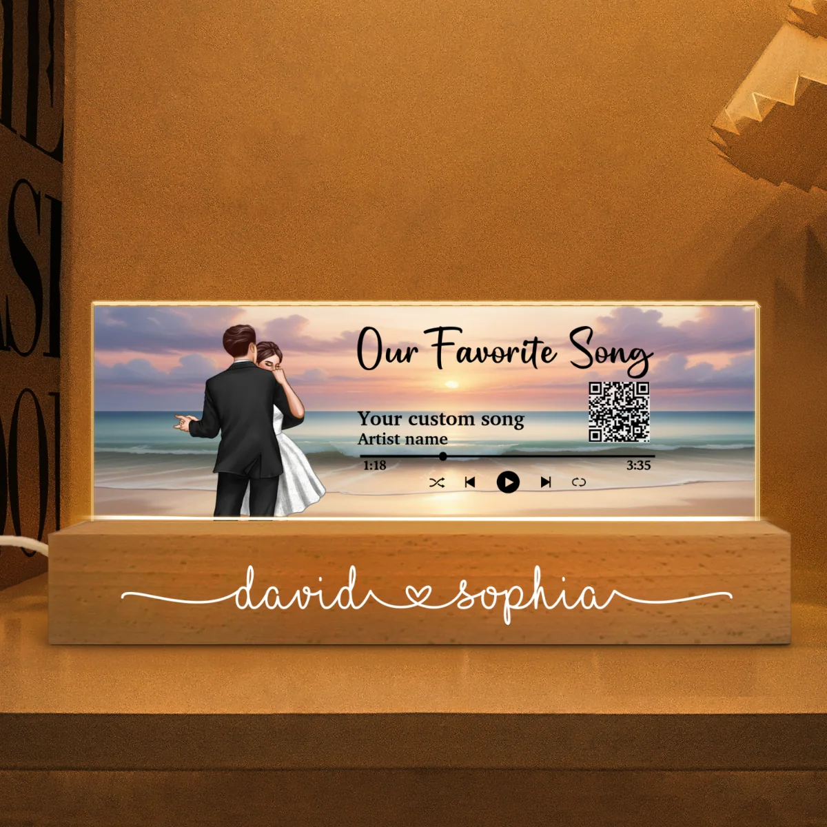 Romantic Dancing Couple On Eternal Sunset Beach Landscape Personalized Acrylic Block LED Night Light - Image 5