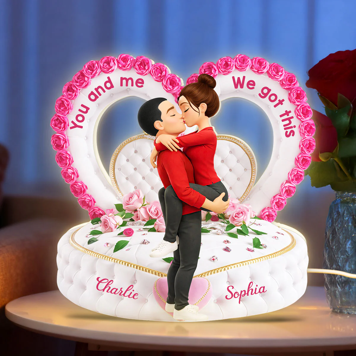 Romantic Heart-Shaped Headboard with Roses - Personalized Light Box - Heartfelt Valentine's Day Gift for Her, for Him - Image 2