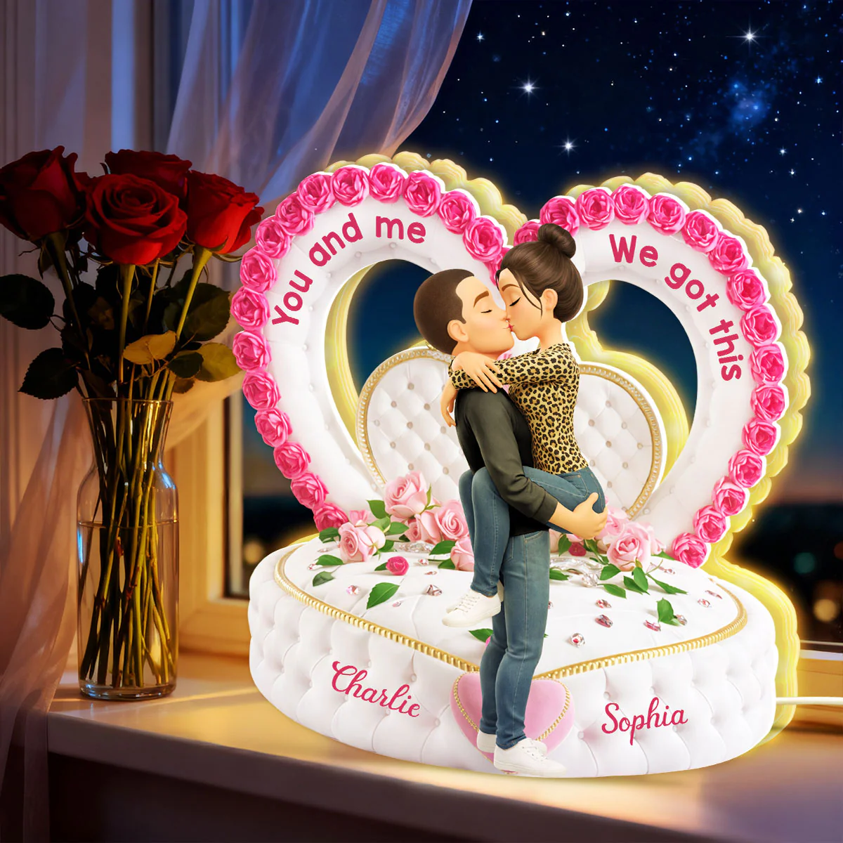 Romantic Heart-Shaped Headboard with Roses - Personalized Light Box - Heartfelt Valentine's Day Gift for Her, for Him - Image 4