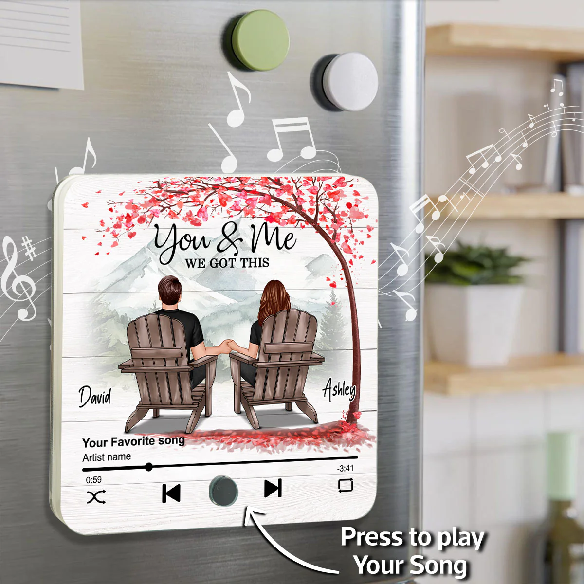 Romantic Mountain Landscape with Blossom Tree Couple Sitting Back View Personalized Music Magnet