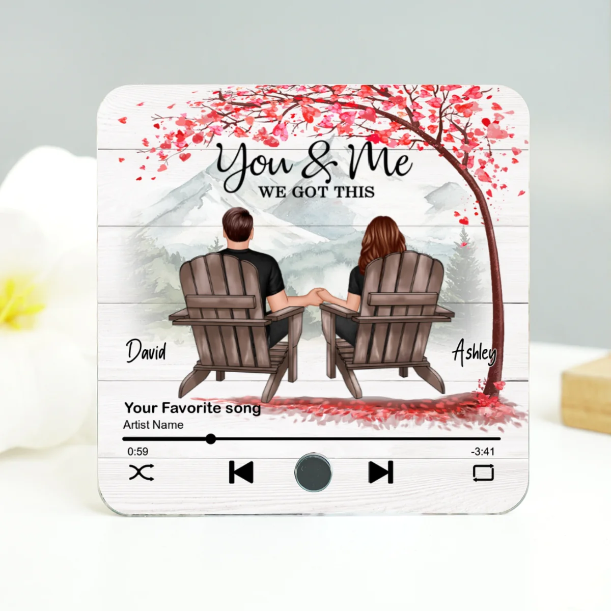 Romantic Mountain Landscape with Blossom Tree Couple Sitting Back View Personalized Music Magnet - Image 10