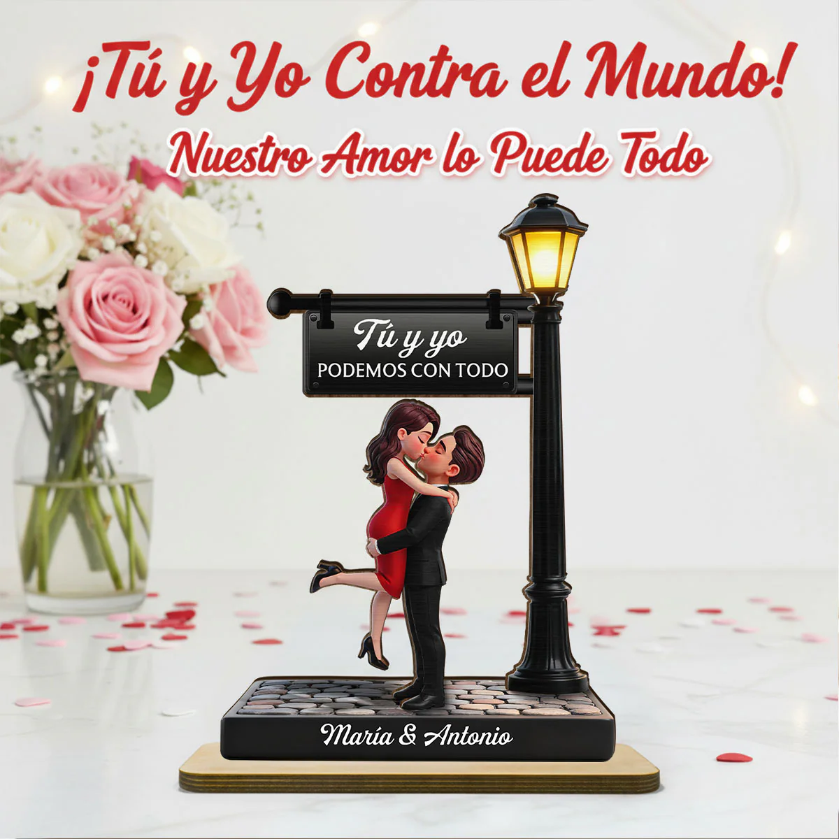 Romantic Spanish Couple Hugging Kissing Under Street Lamp Post - Personalized 2-Layered Wooden Plaque - Heartfelt Gift For Couple - Image 11