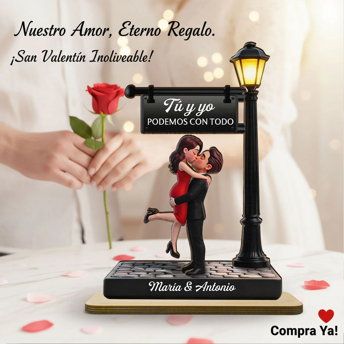 Romantic Spanish Couple Hugging Kissing Under Street Lamp Post - Personalized 2-Layered Wooden Plaque - Heartfelt Gift For Couple - Image 12