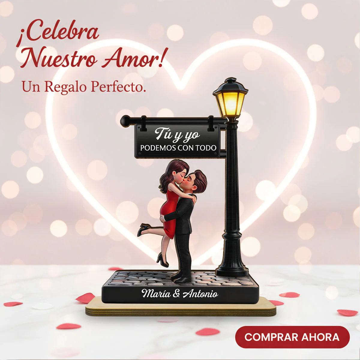 Romantic Spanish Couple Hugging Kissing Under Street Lamp Post - Personalized 2-Layered Wooden Plaque - Heartfelt Gift For Couple - Image 13