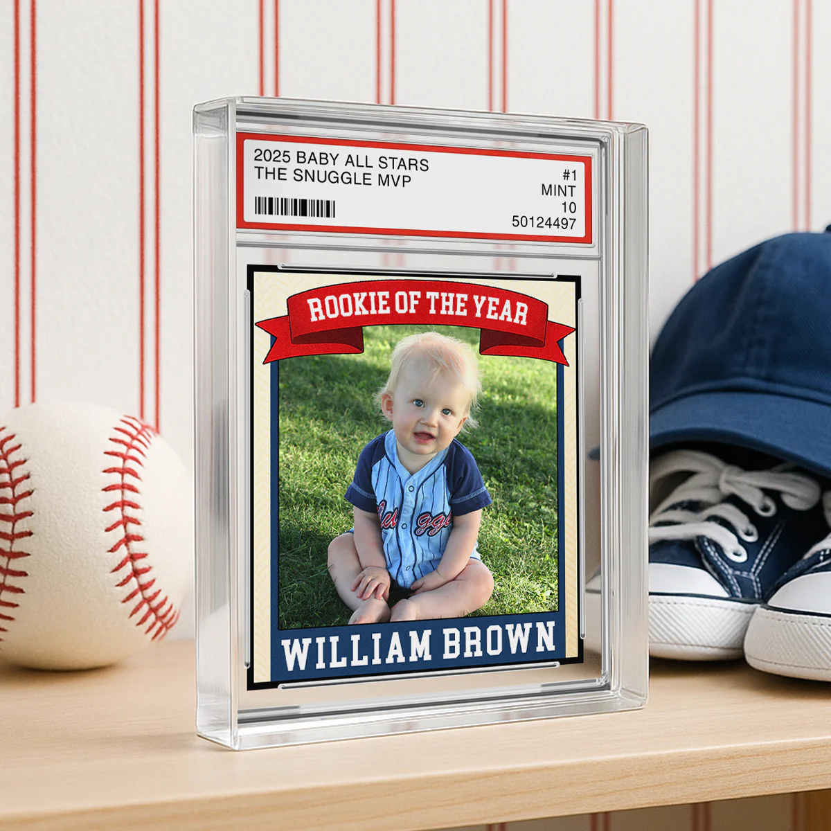 Rookie Baseball Kid All Star, Little Slugger, 1st Birthday Trading Card Style Personalized Acrylic Block Plaque - Image 2