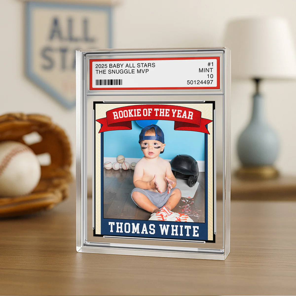 Rookie Baseball Kid All Star, Little Slugger, 1st Birthday Trading Card Style Personalized Acrylic Block Plaque - Image 3