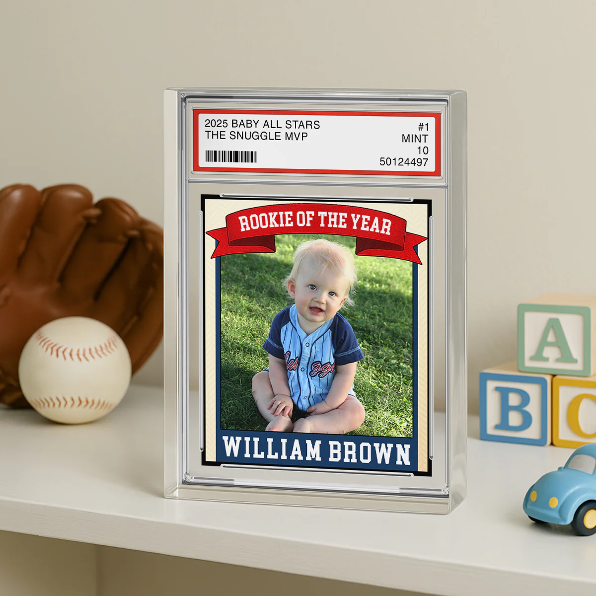 Rookie Baseball Kid All Star, Little Slugger, 1st Birthday Trading Card Style Personalized Acrylic Block Plaque - Image 4