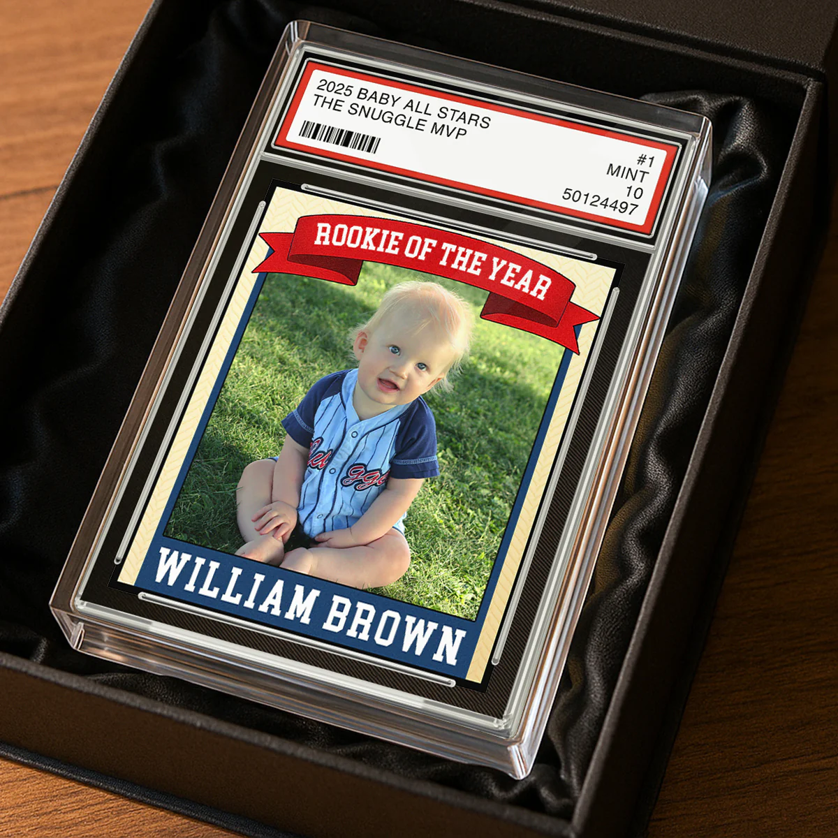 Rookie Baseball Kid All Star, Little Slugger, 1st Birthday Trading Card Style Personalized Acrylic Block Plaque - Image 6